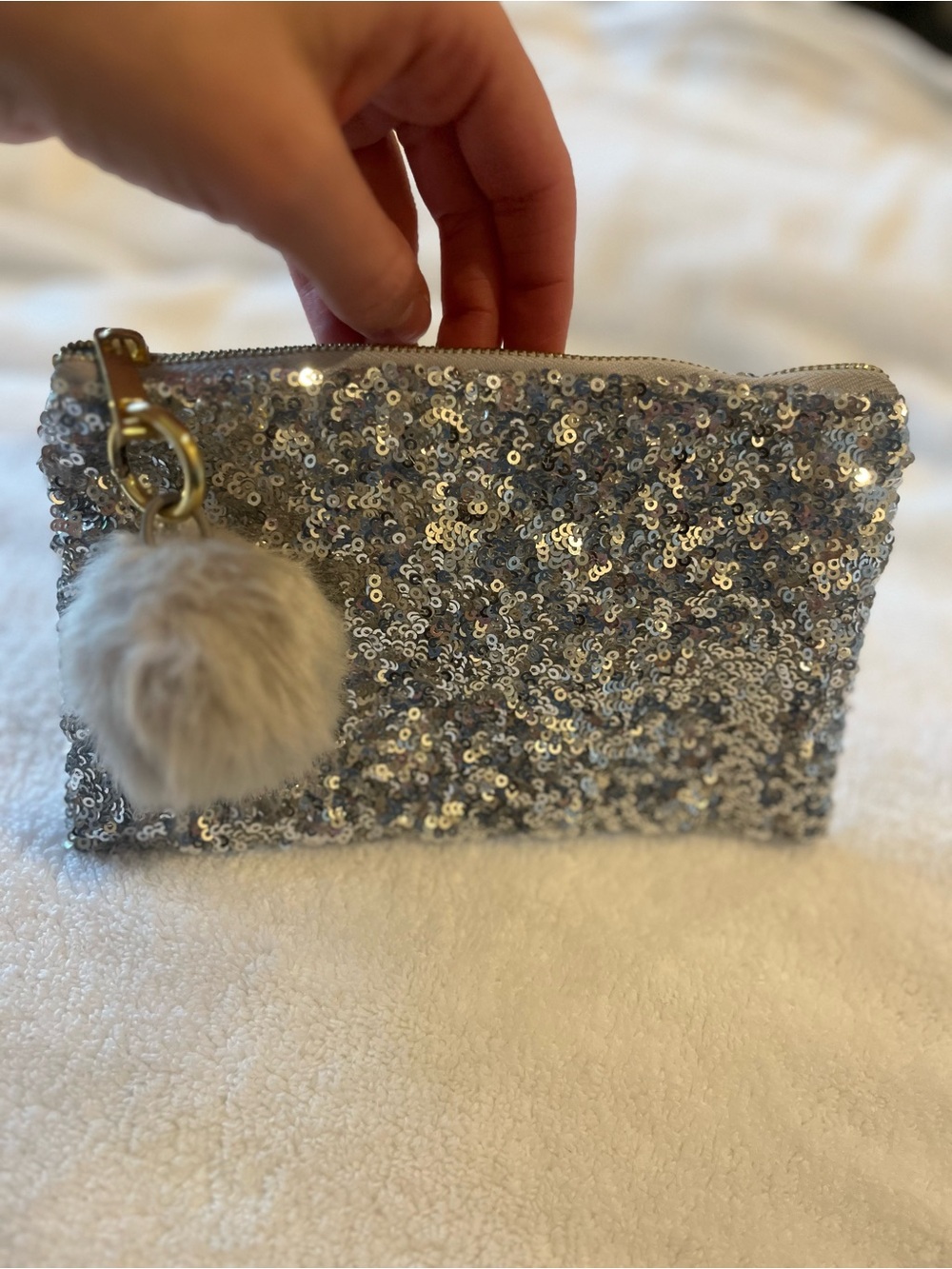 Silver Sequin Pouch with Faux Fur Pom